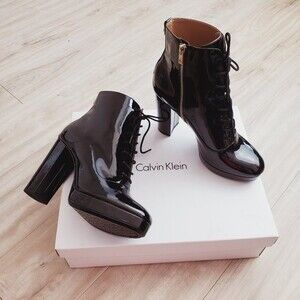 NEW Calvin Klein Black Patent Leather Heeled Boots